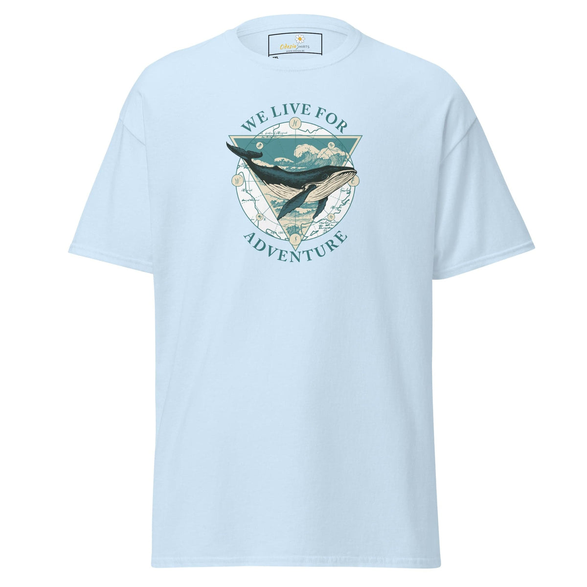 Light blue T-shirt with whale graphic for men and women in sizes 2XL to 5XL
