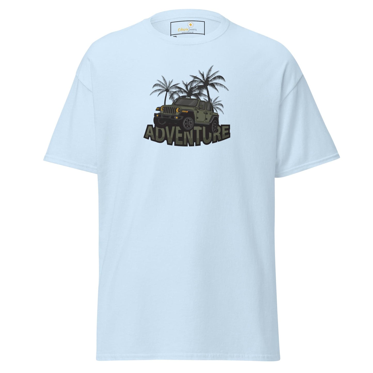 Light blue T-shirt with adventure graphic for men and women in sizes 2XL to 5XL
