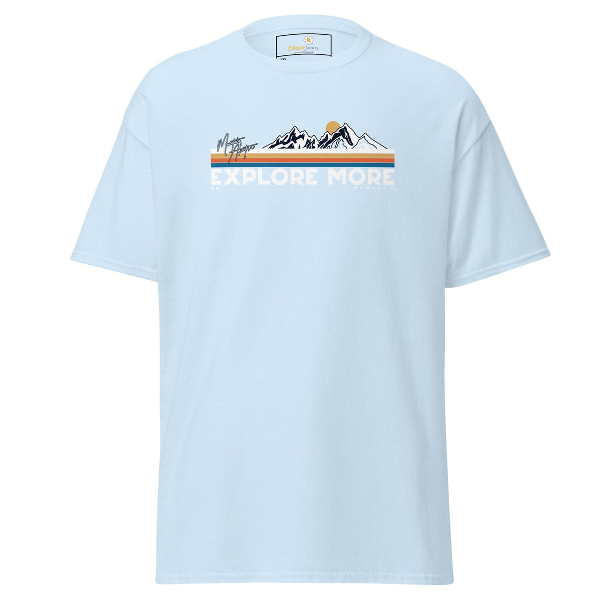 Light blue t-shirt with mountain graphic.