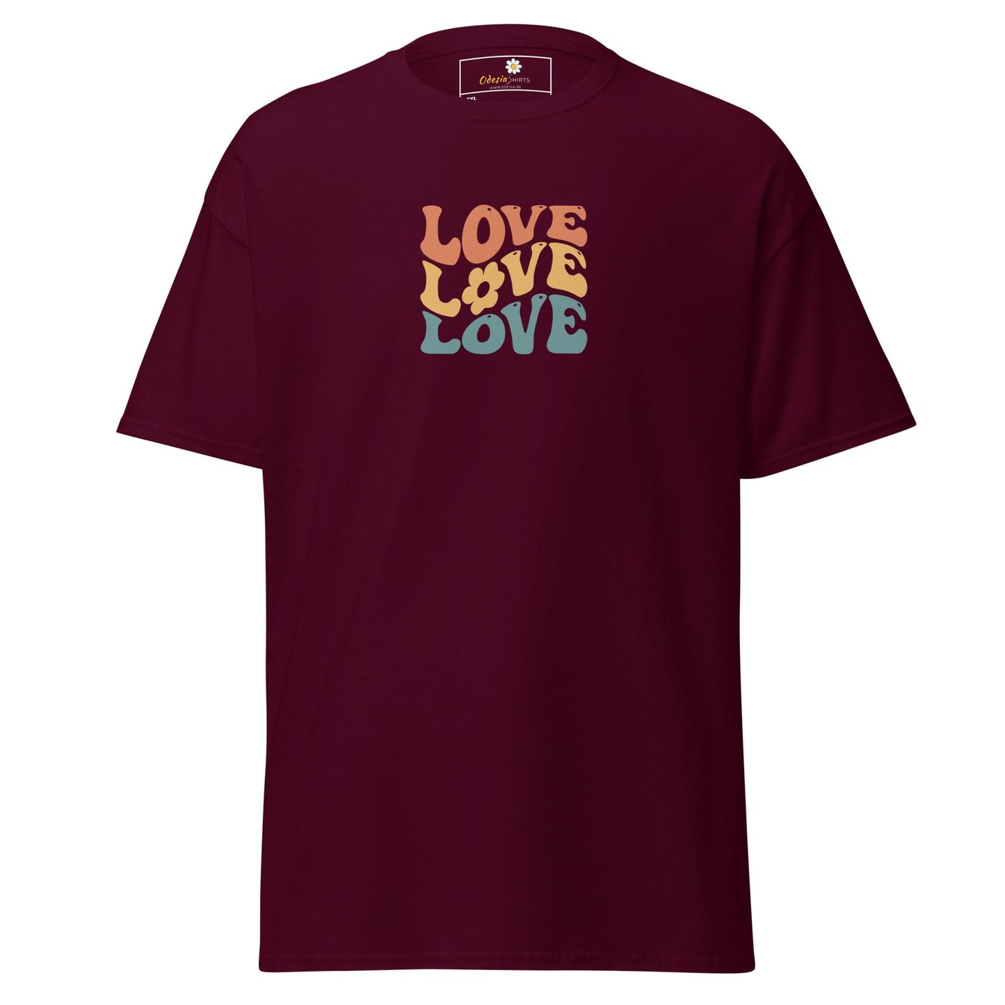 Maroon t-shirt with ’love’ graphic.