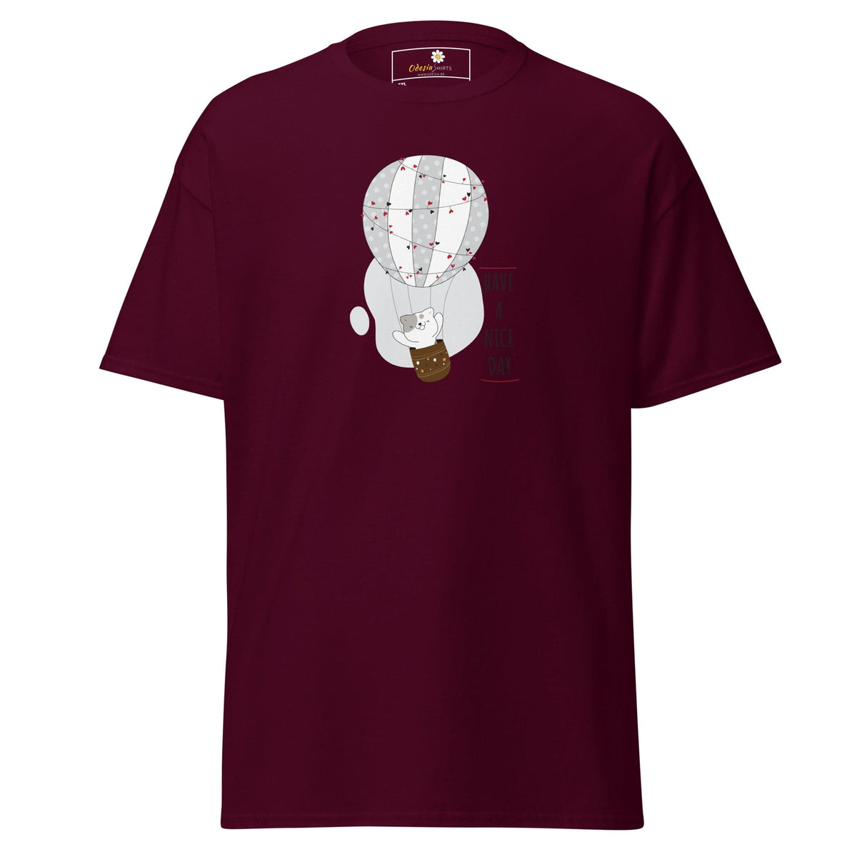 Maroon T-shirt featuring a cartoon balloon graphic for men and women in 2XL to 5XL sizes