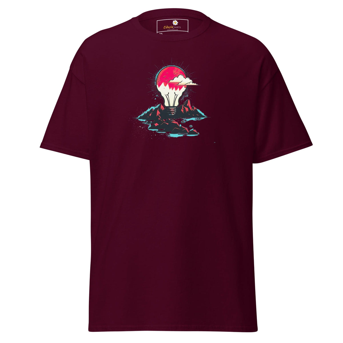 Maroon T-shirt with lightbulb design for men and women in sizes 2XL to 5XL