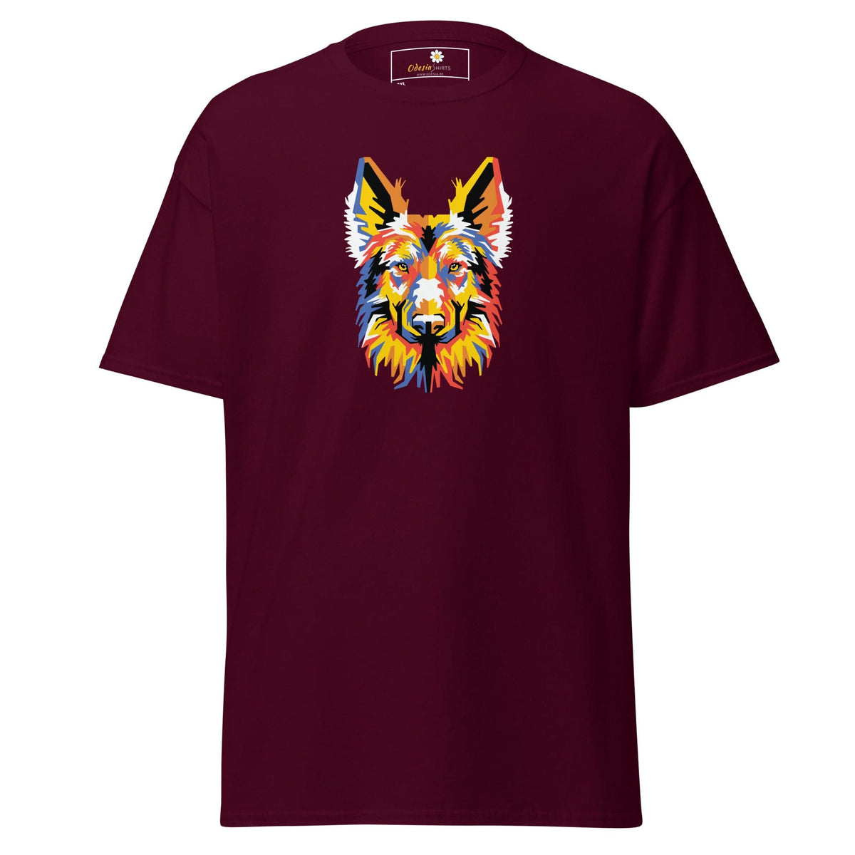 Maroon T-shirt with a colorful dog graphic, suitable for men and women in 2XL to 5XL