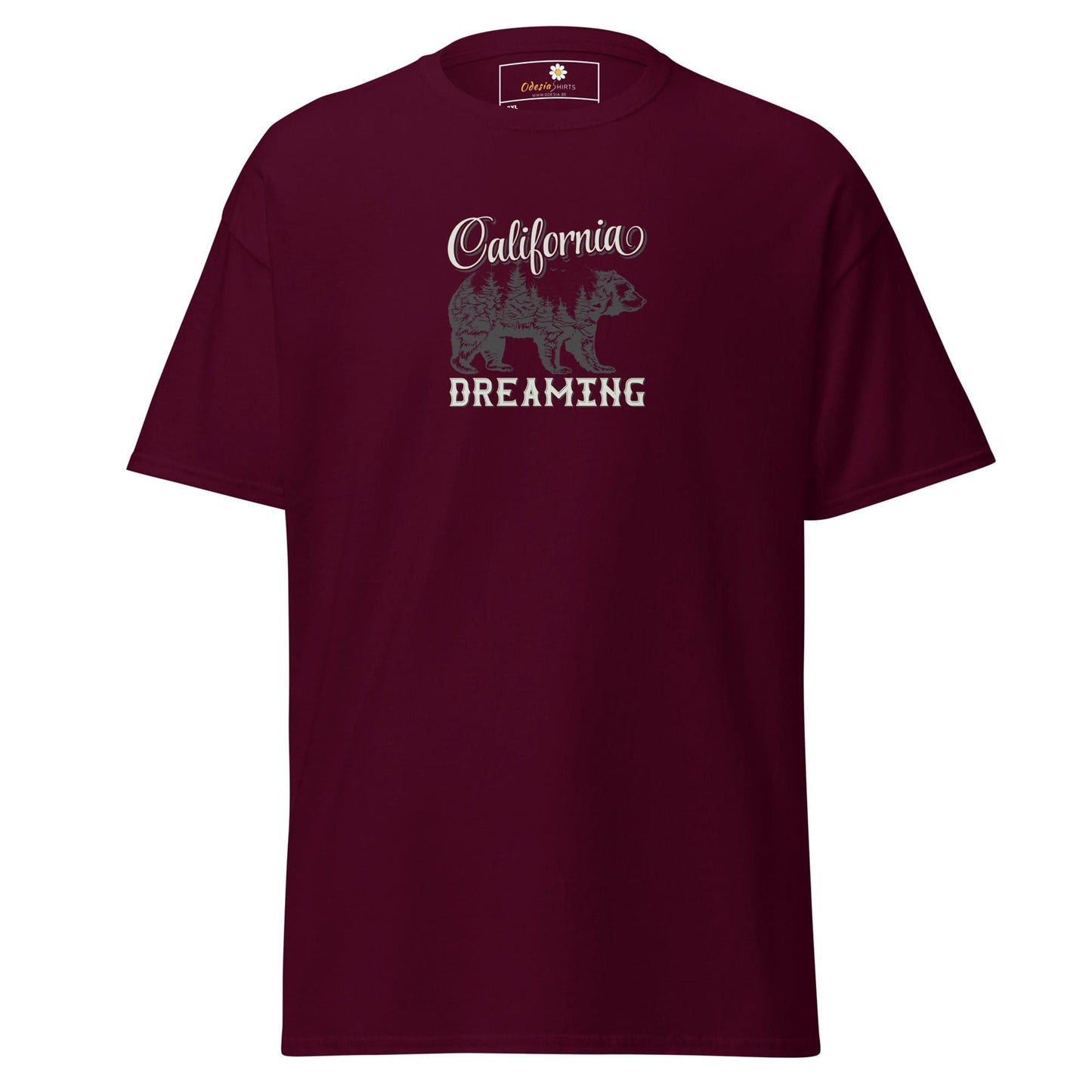 Maroon T-shirt displaying California Dreaming graphic available in men’s and women’s sizes 2XL to 5XL