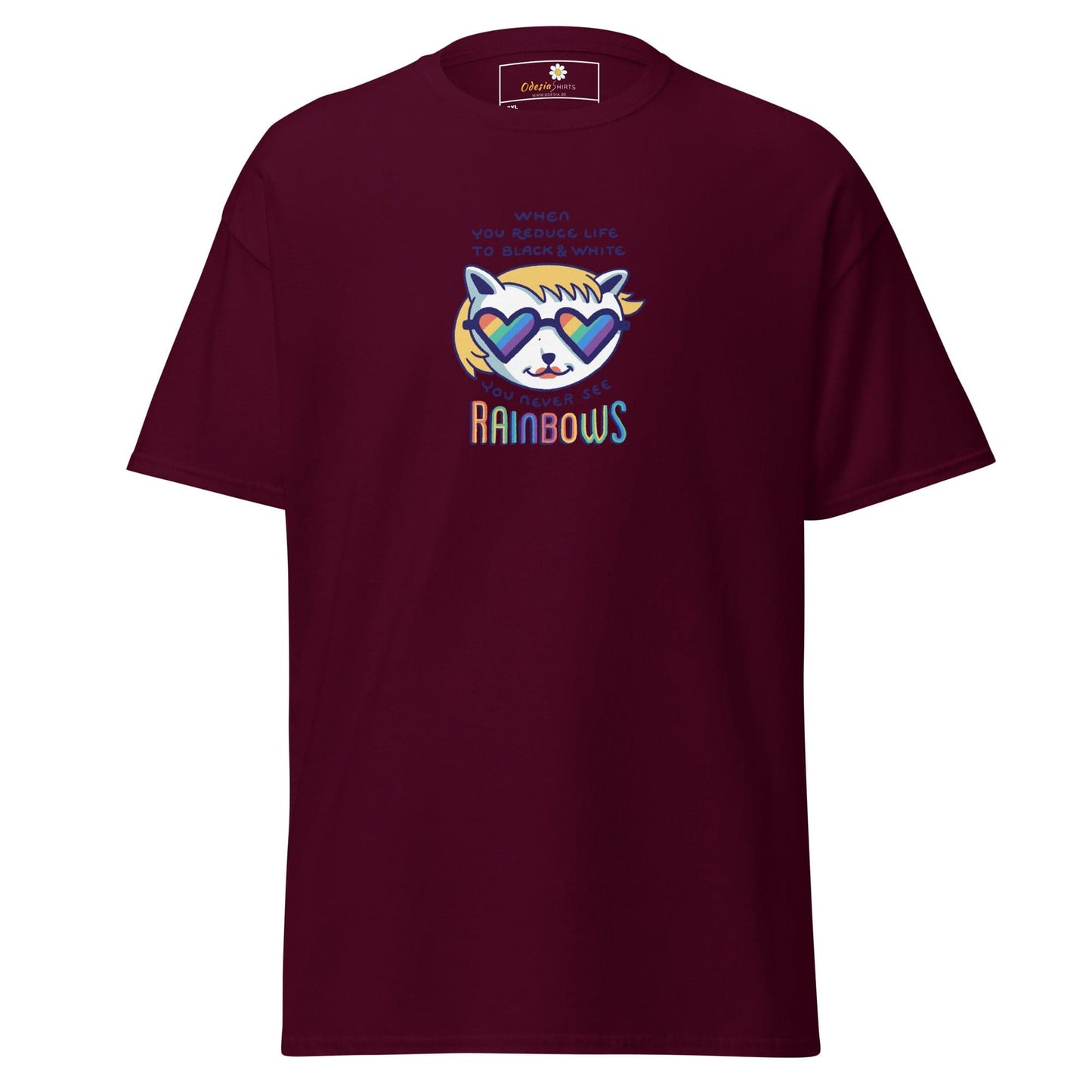 Maroon T-shirt with rainbow cat graphic, unisex design for Men and Women in large sizes
