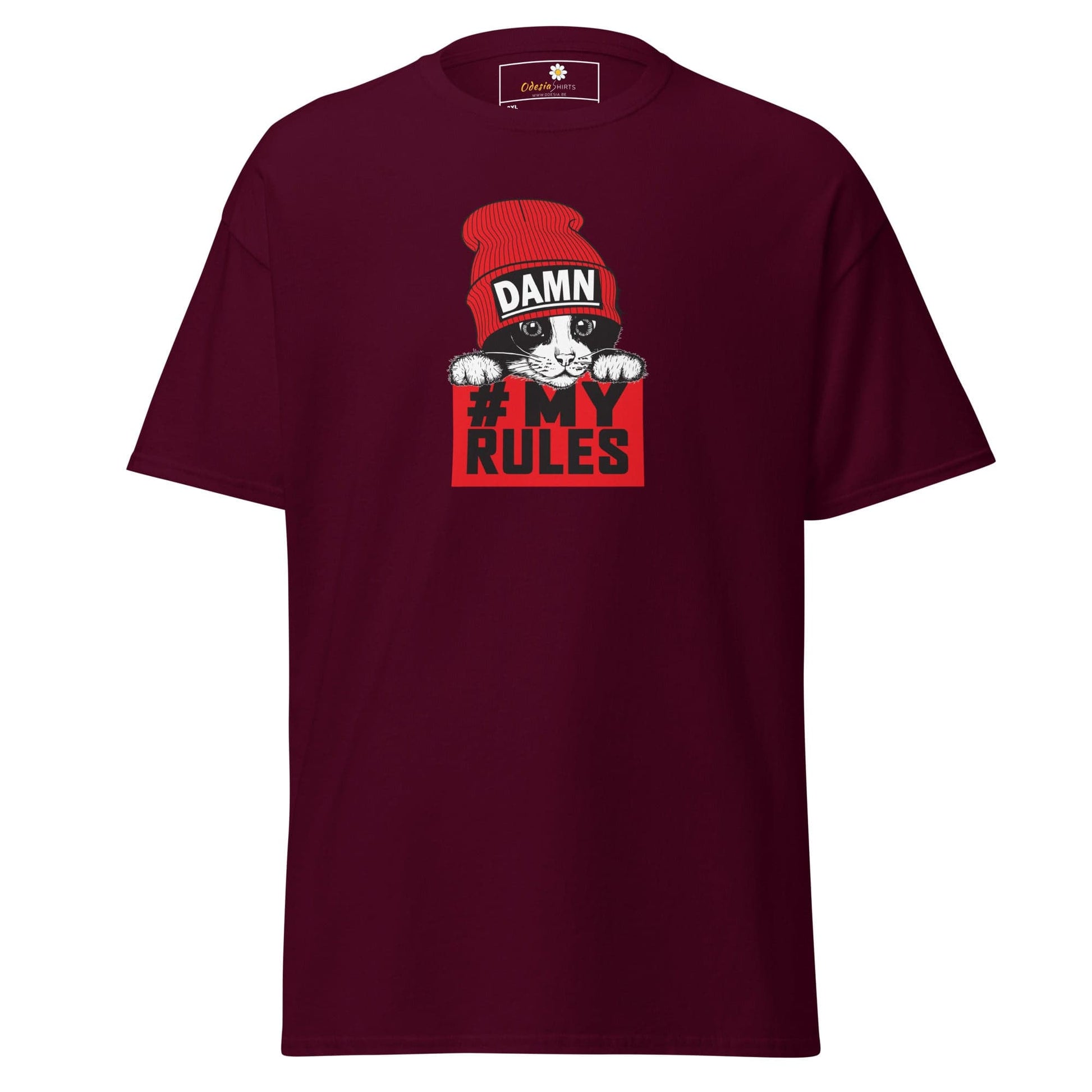 Maroon t-shirt with cat graphic.