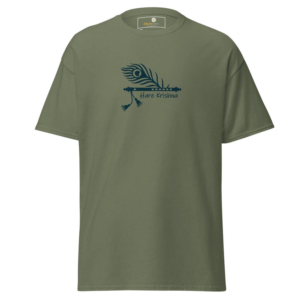 Olive green T-shirt for men and women featuring a peacock feather and flute design