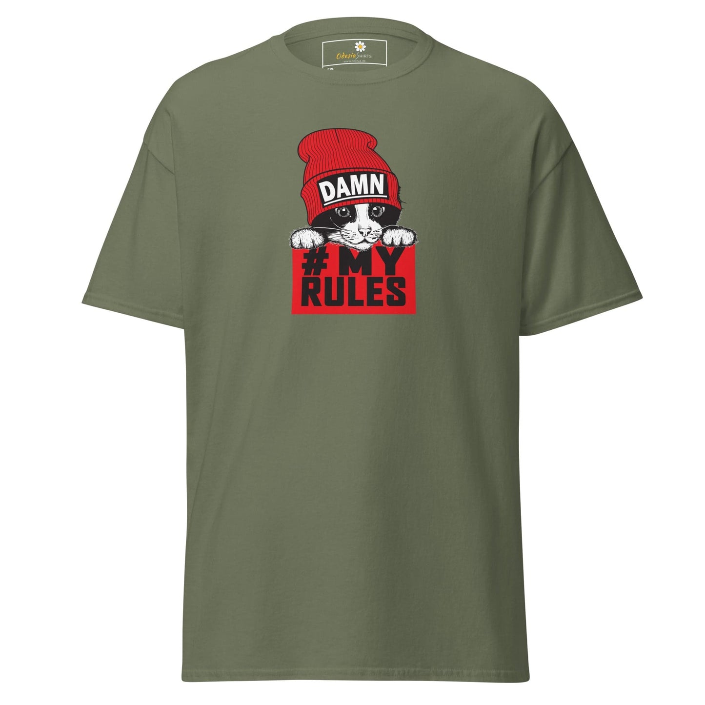 Olive green t-shirt with cat graphic.