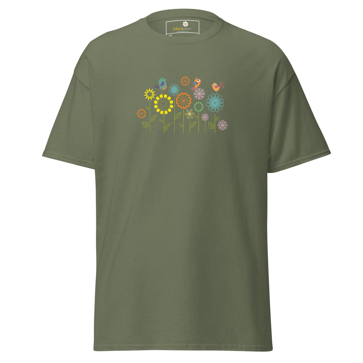 Olive green t-shirt with floral design.