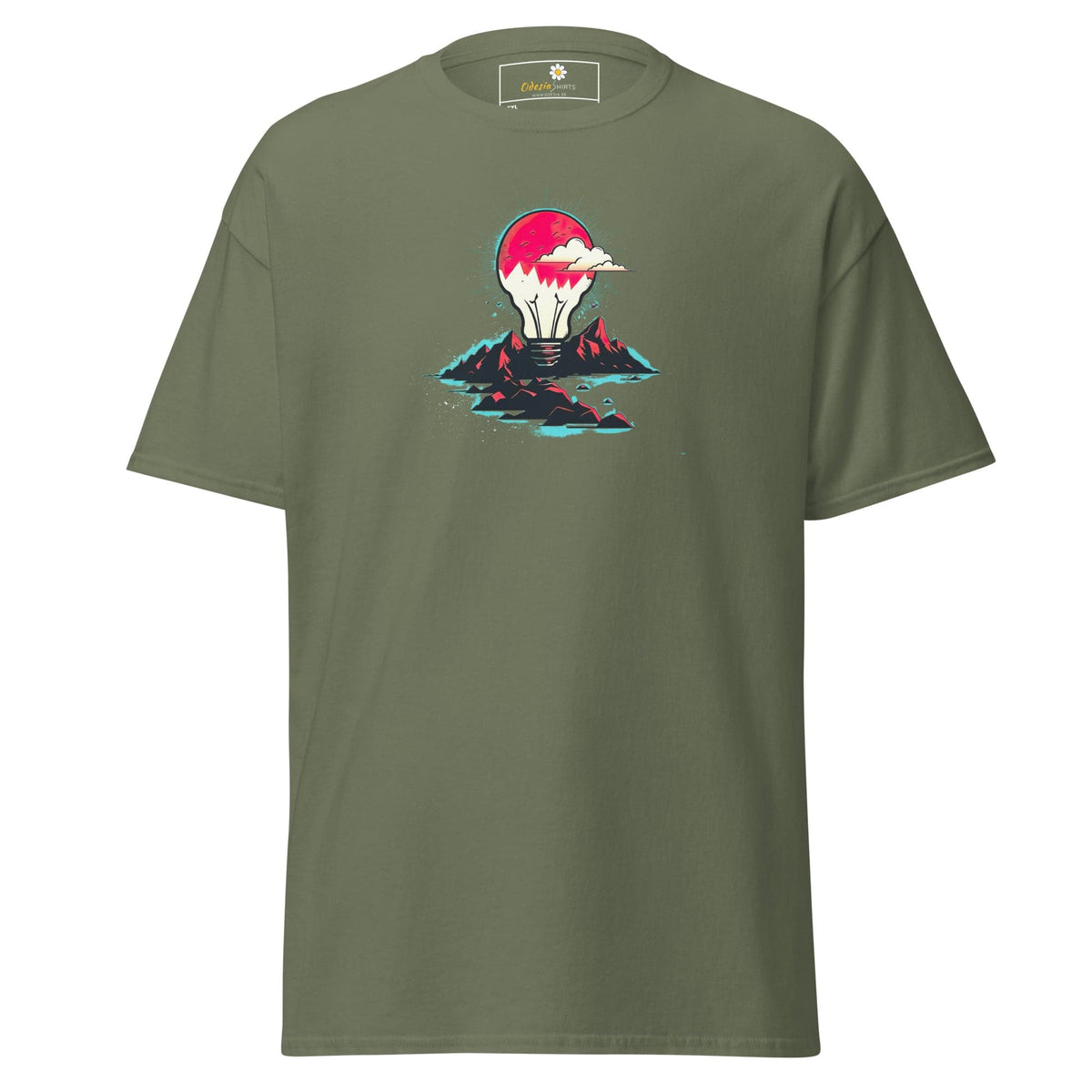 Olive green t-shirt with lightbulb design for men and women in 2XL to 5XL sizes