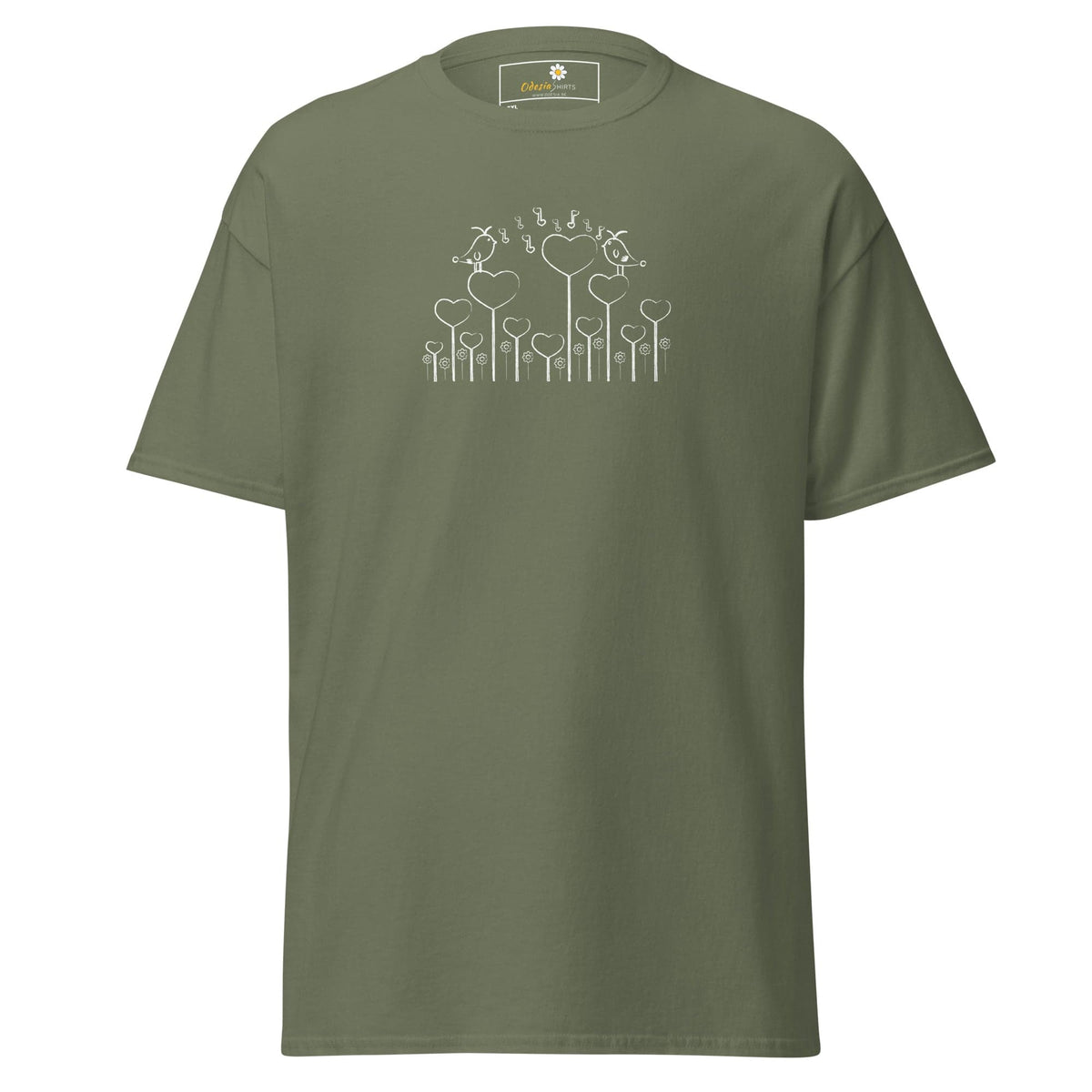 Olive green T-shirt with heart-shaped flower design for men and women in size 2XL to 5XL