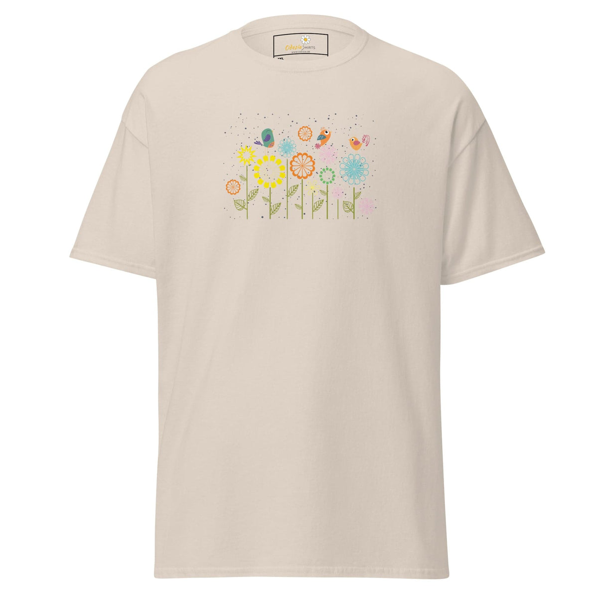 Beige t-shirt with floral and butterfly design.
