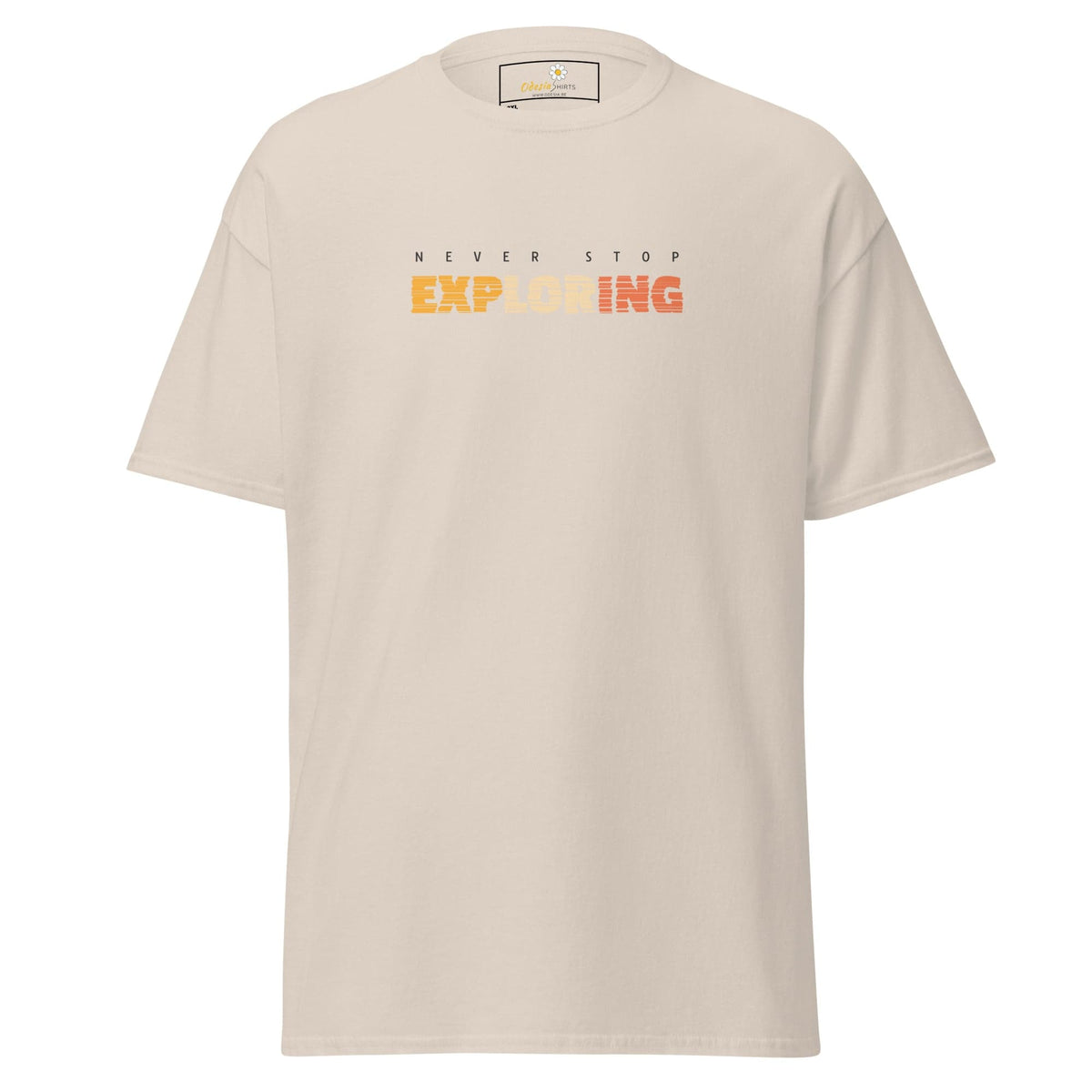 Beige men’s and women’s T-shirt with Never Stop Exploring slogan in larger size