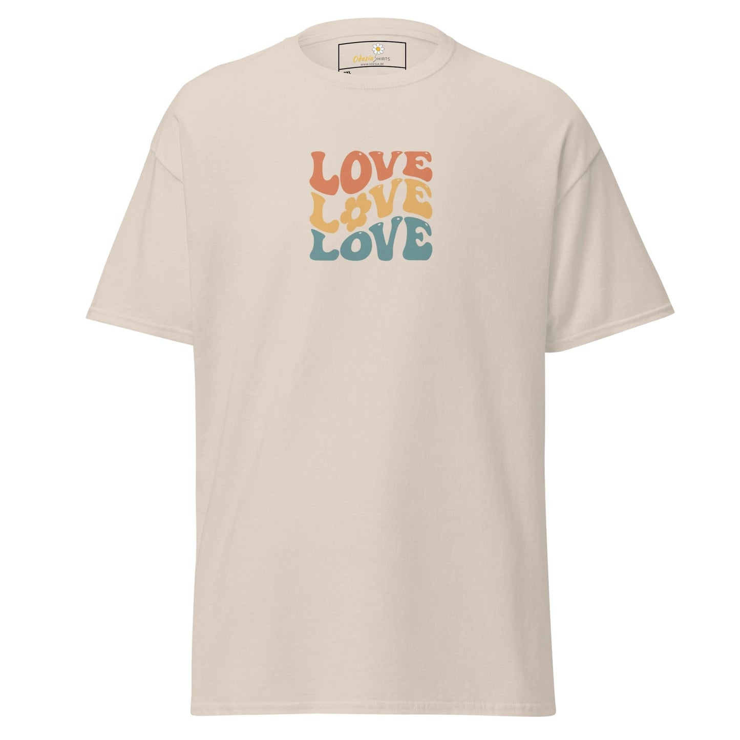 Beige t-shirt with stacked ’love’ text.
