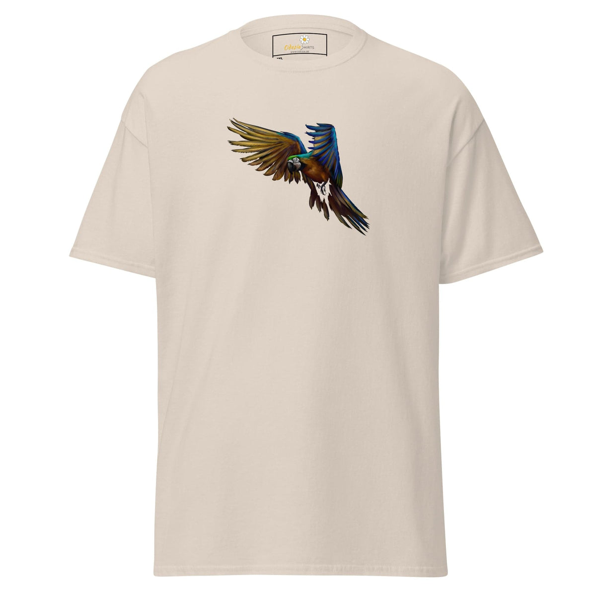 Beige T-shirt with colorful parrot graphic for men and women in size 2XL to 5XL