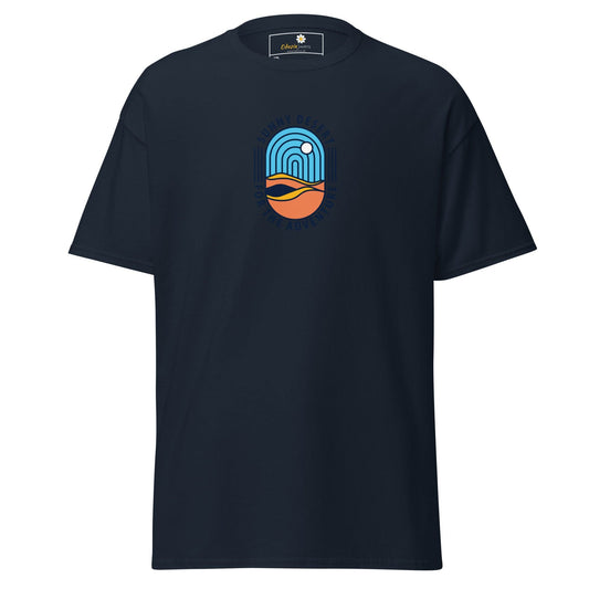 Navy blue T-shirt with desert graphic for men and women, available in sizes 2XL to 5XL