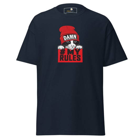 Navy t-shirt with cat graphic.