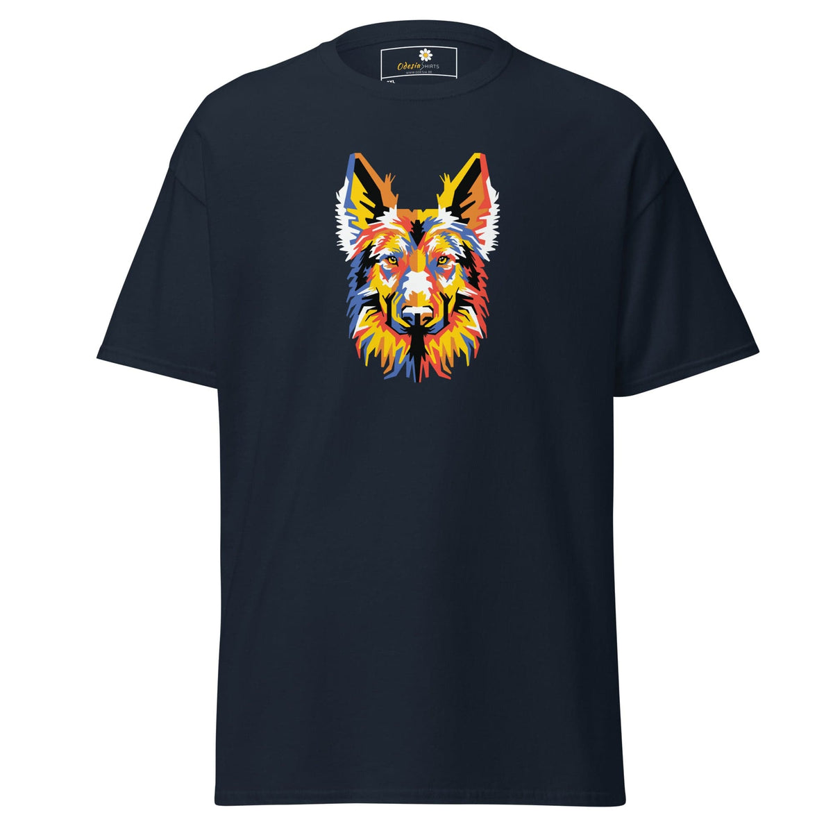 Navy T-shirt with colorful dog graphic for men and women in 2XL to 5XL sizes