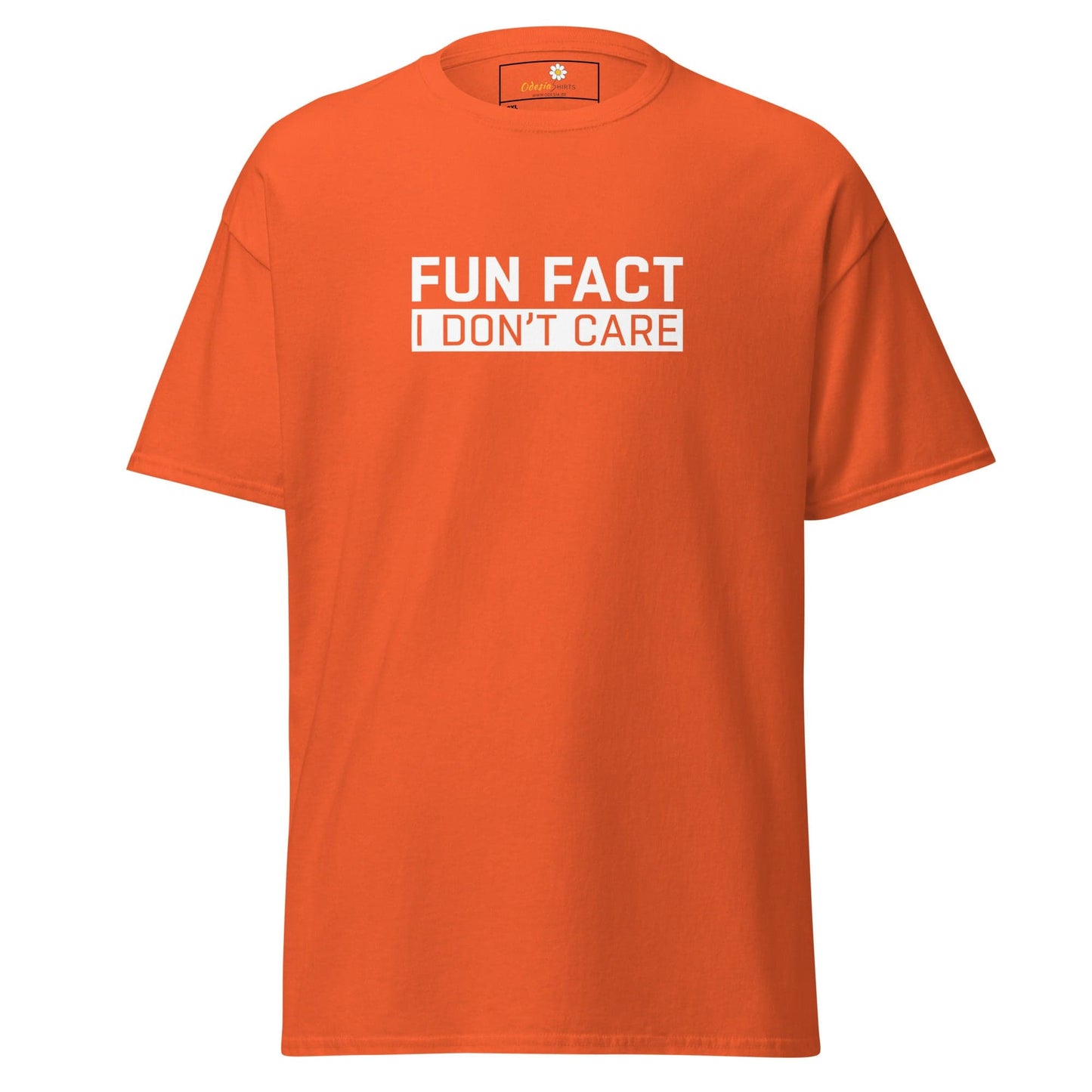 Orange t-shirt with white text.