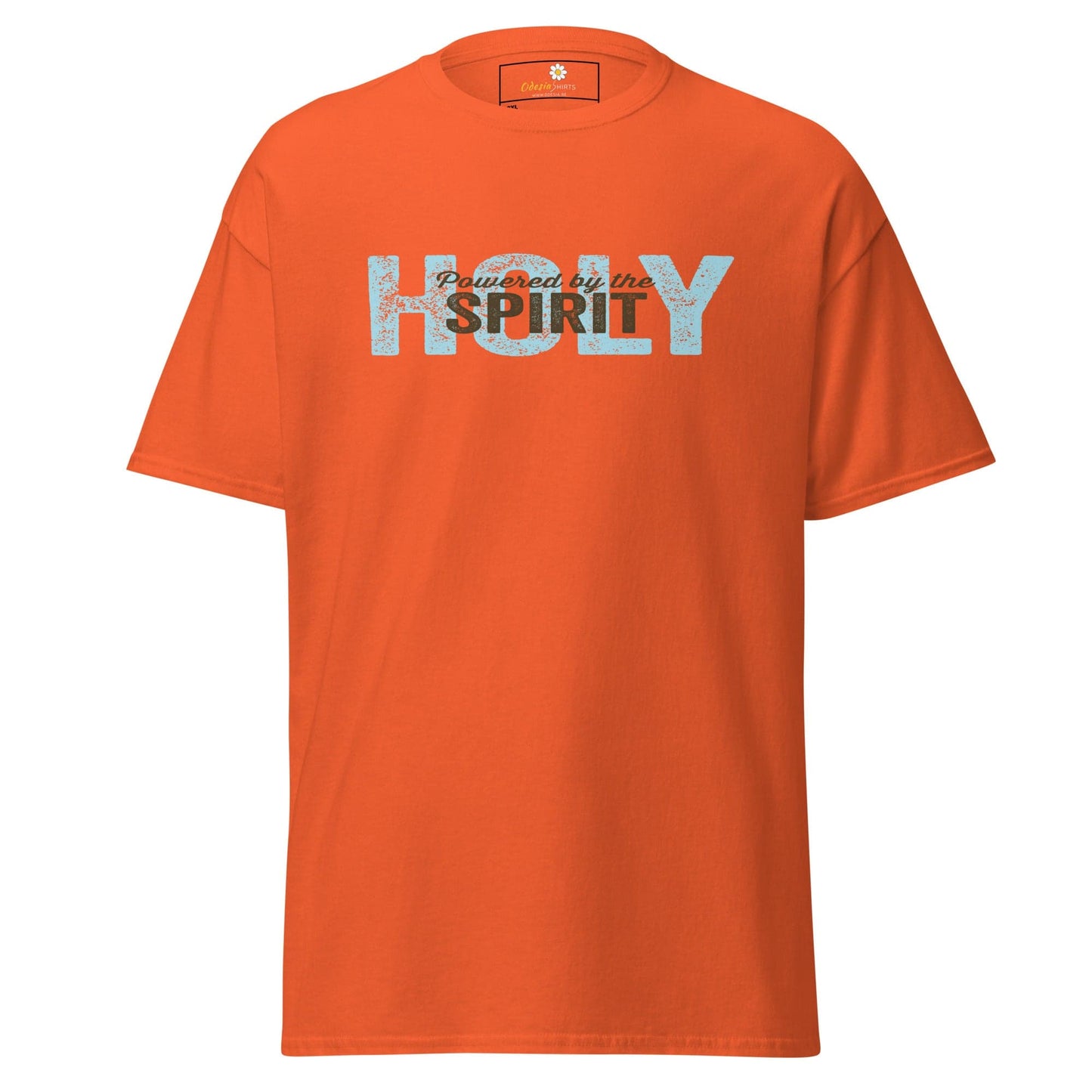 Orange T-shirt with Holy Spirit text, available in men’s and women’s sizes 2XL to 5XL