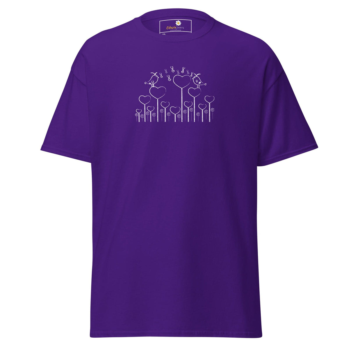 Purple T-shirt with heart and bird design for Men and Women in sizes 2XL to 5XL