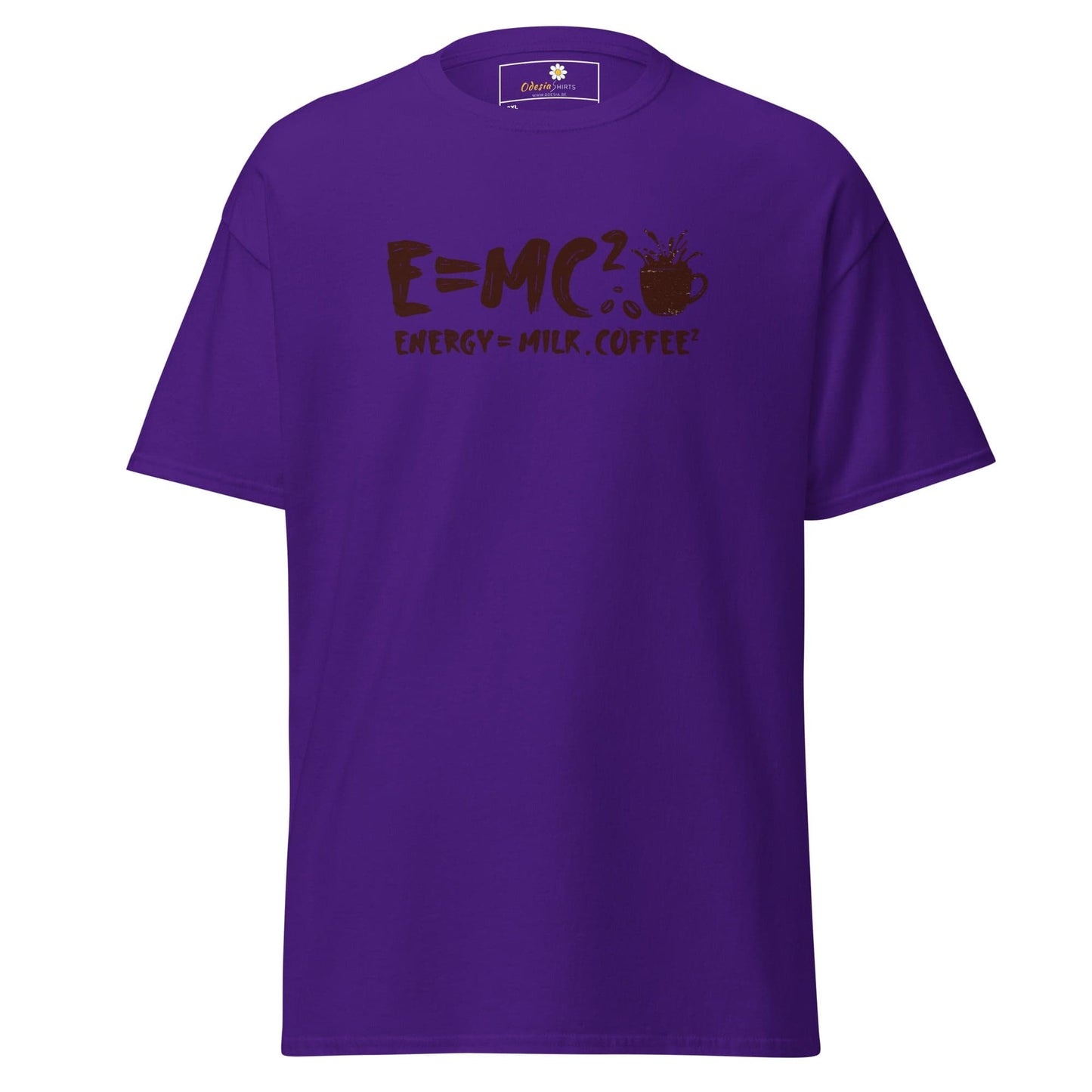 Purple t-shirt with a coffee-themed design.