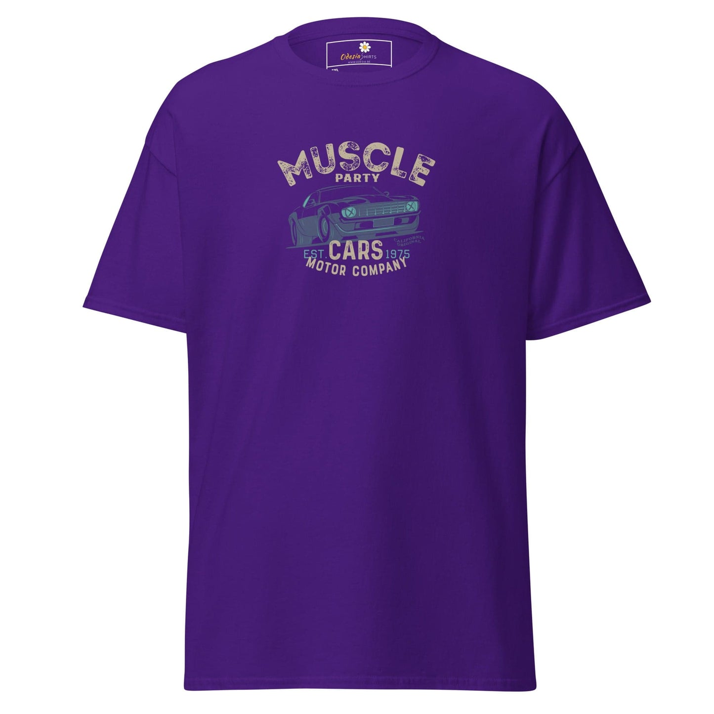 Purple t-shirt with car graphic.