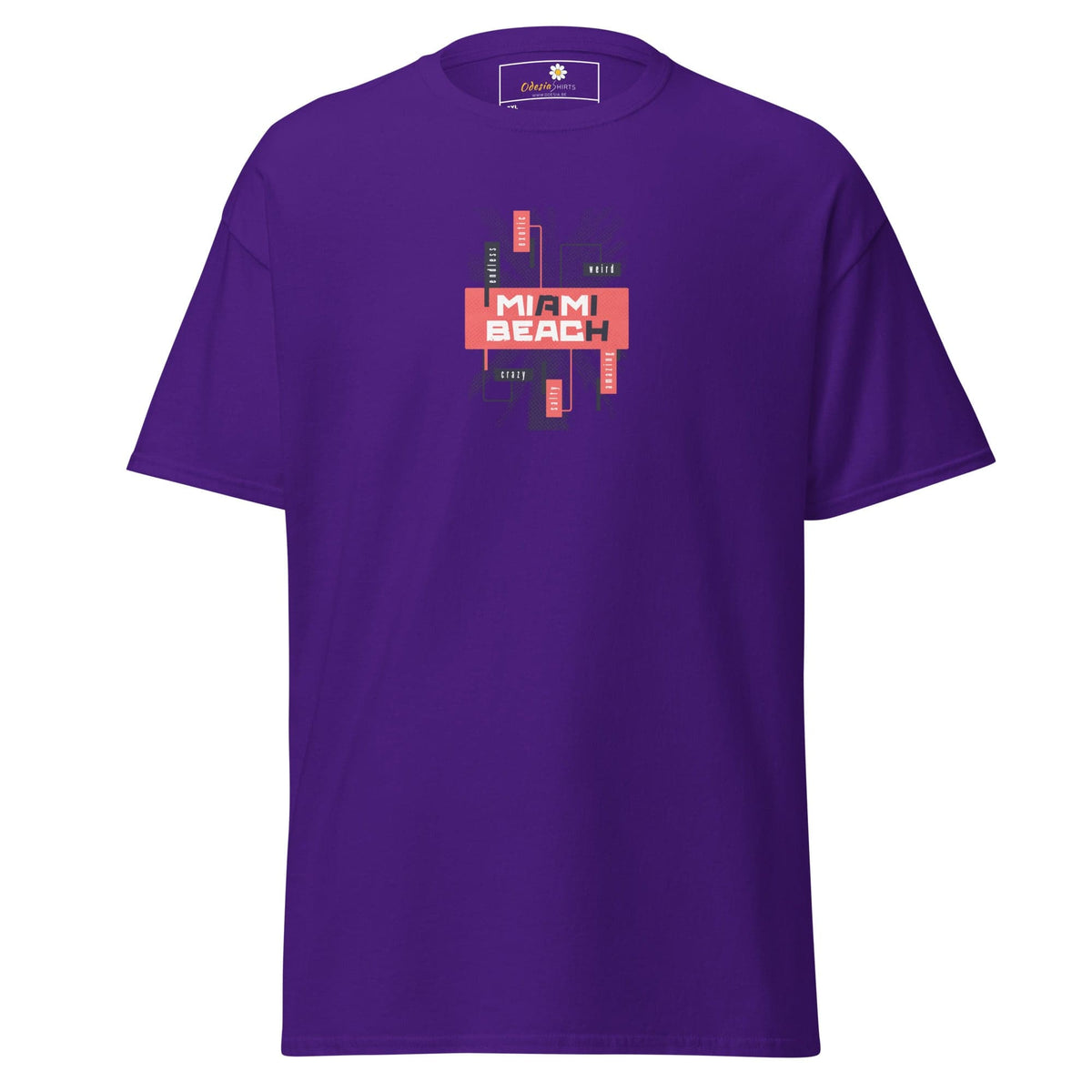 Purple T-shirt featuring Miami Beach graphic for men and women in 2XL to 5XL sizes