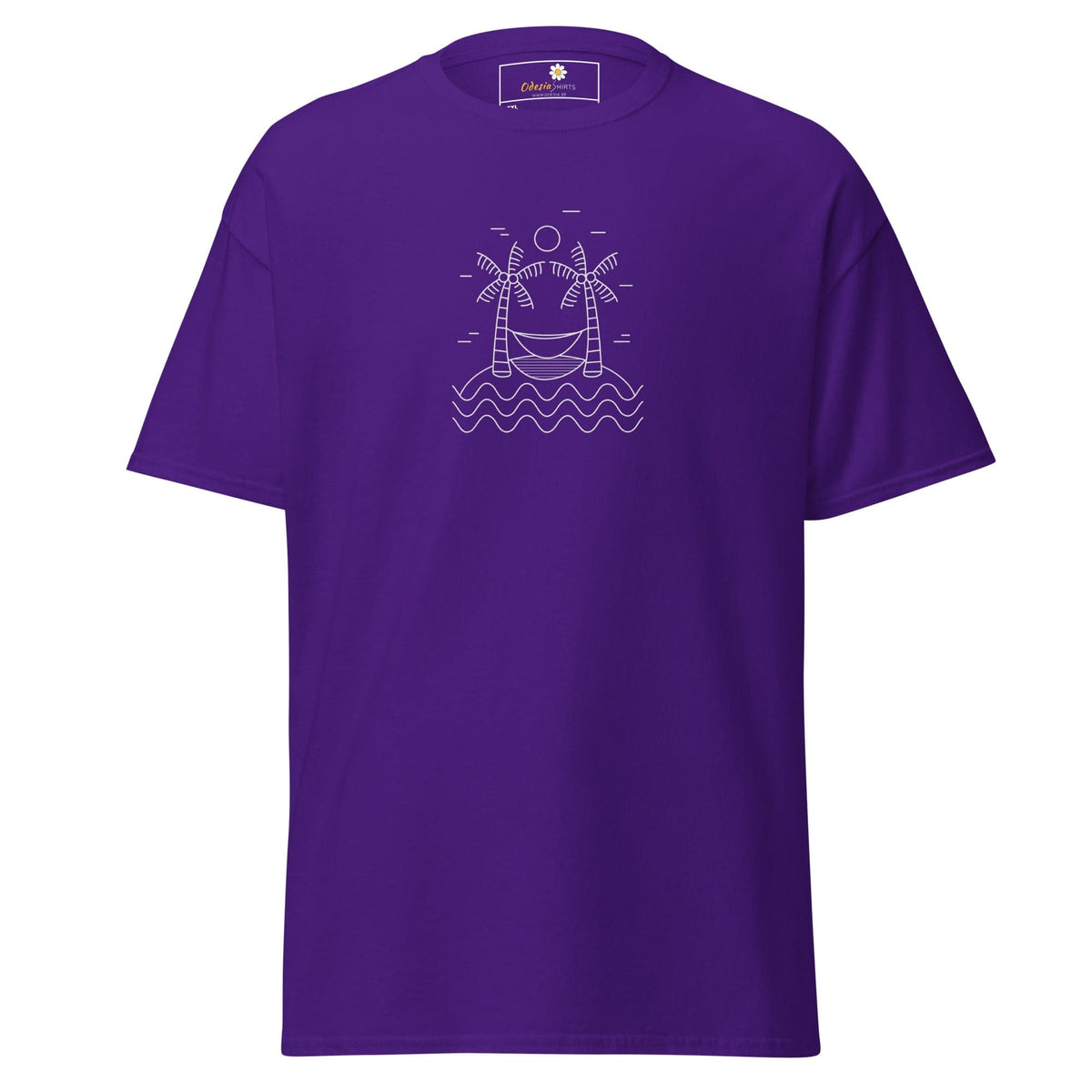 Purple T-shirt featuring beach scene graphic for men and women in 2XL to 5XL sizes