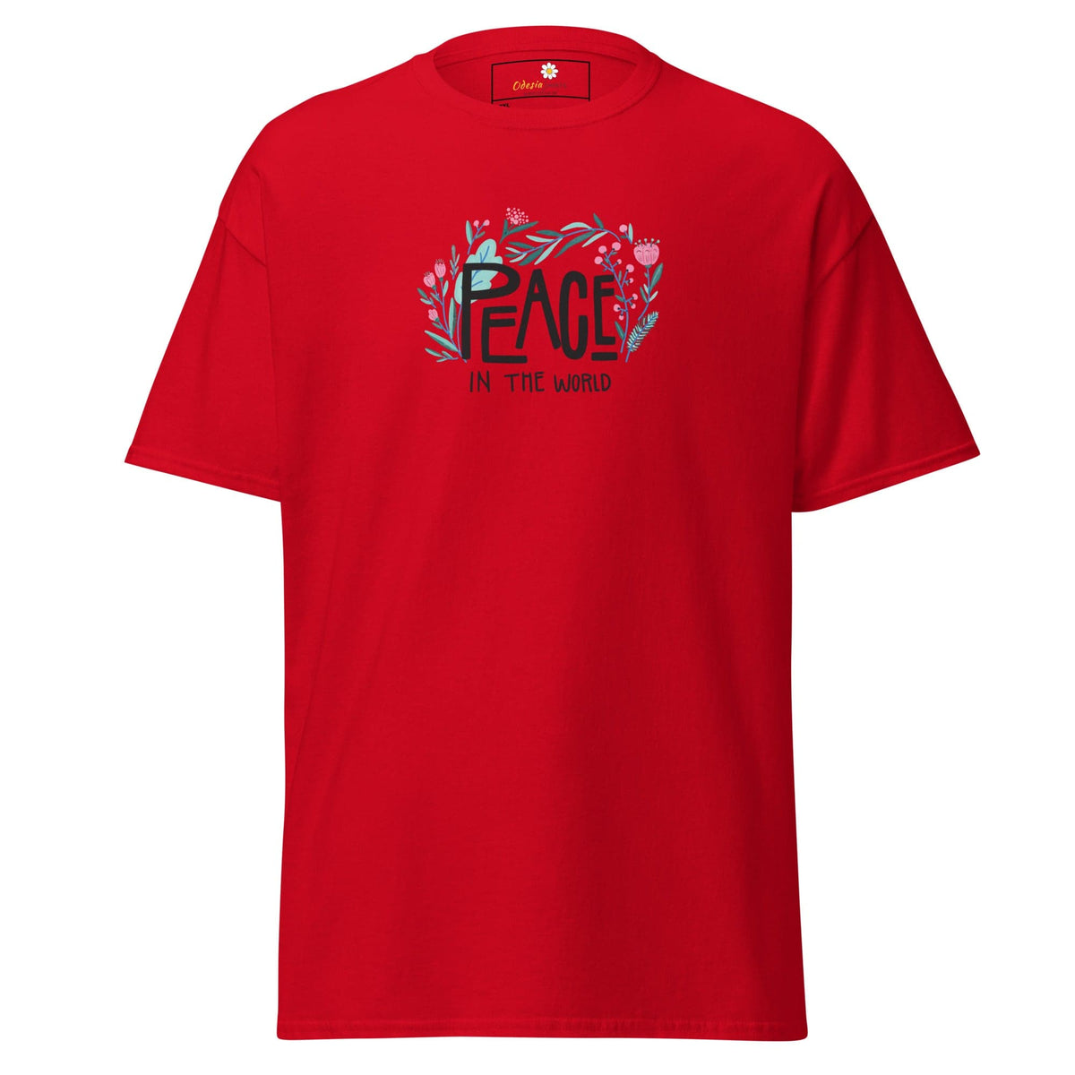 Red T-shirt with Peace in the World graphic from T-SHIRT DESIGN TEE collection