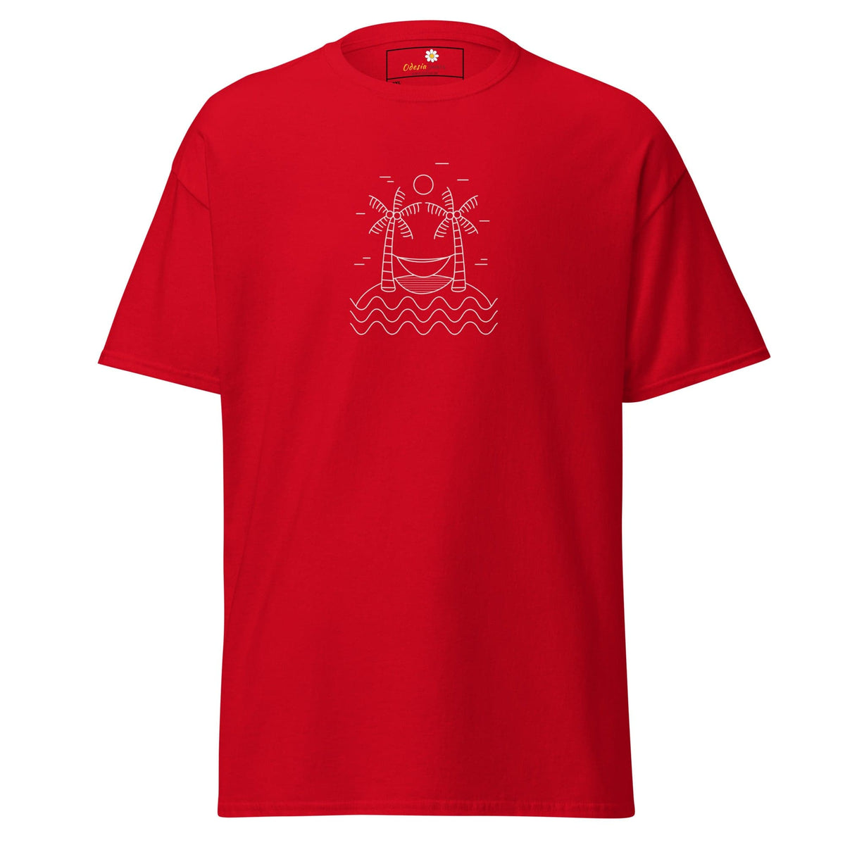 Red T-shirt with palm tree and hammock design for men and women in 2XL to 5XL sizes