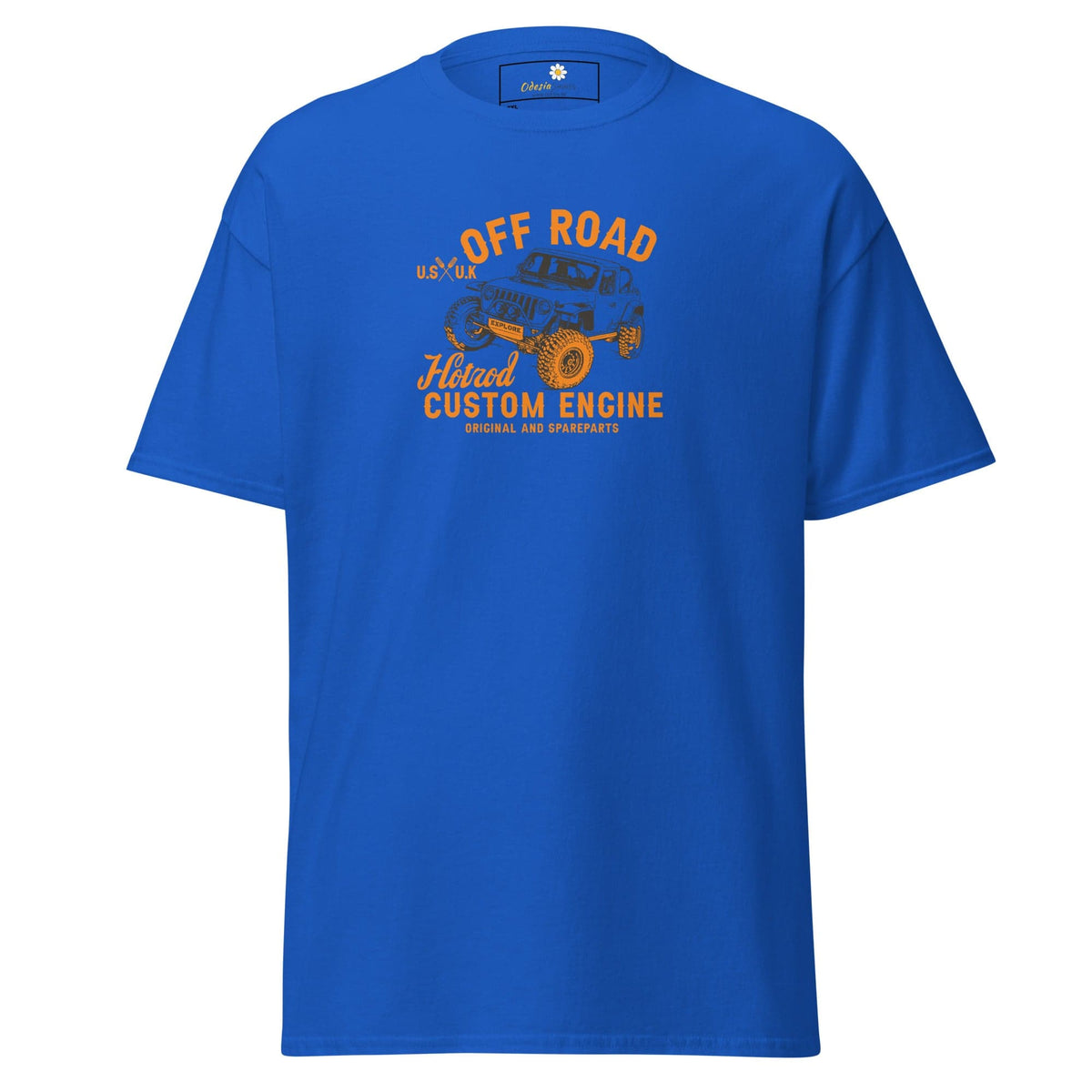 Blue t-shirt with off-road vehicle graphic.