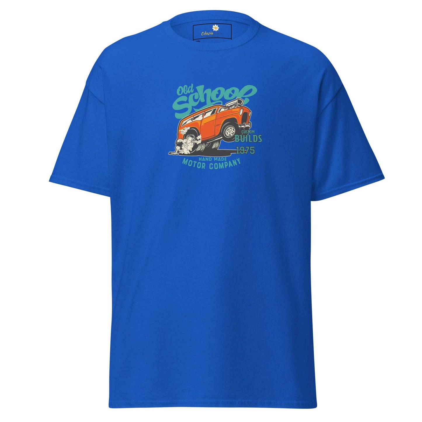 Blue graphic tee.