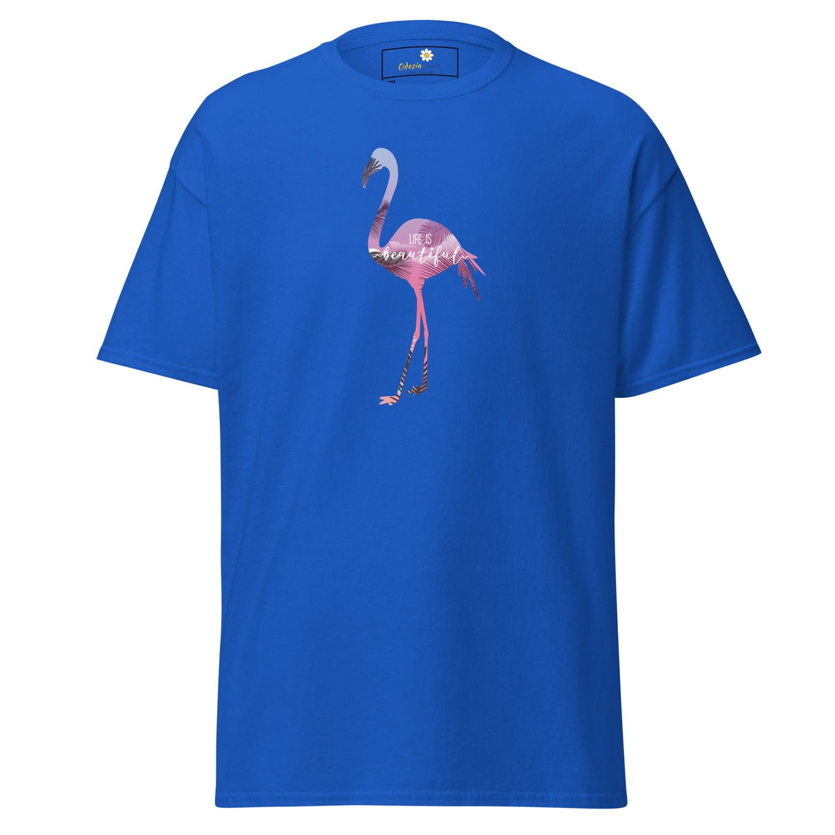 Blue T-shirt with flamingo design for men and women in 2XL to 5XL sizes