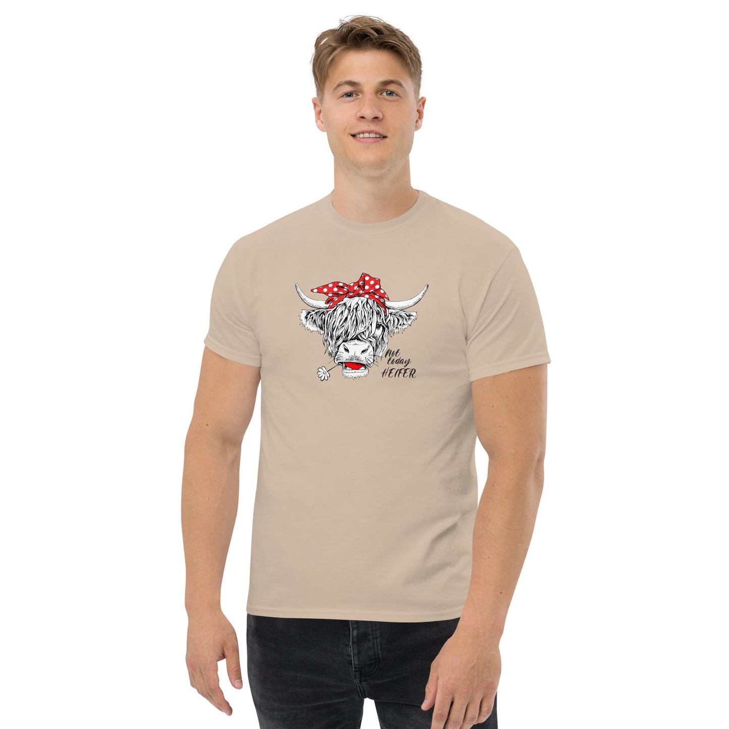 Beige t-shirt with cow graphic.