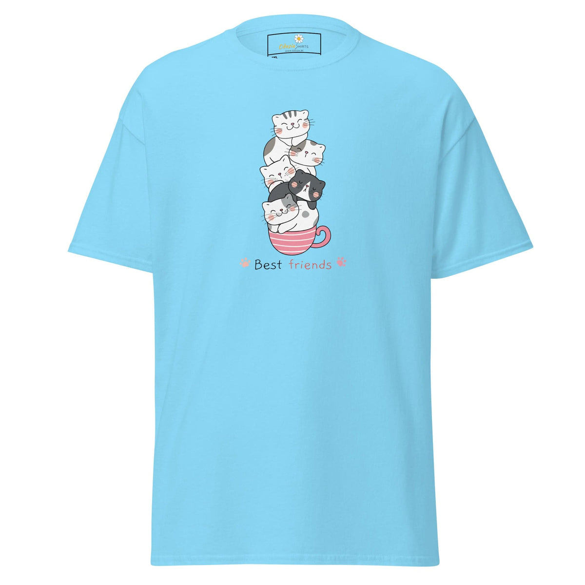 Light blue T-shirt featuring a cats in a cup design for men and women in 2XL to 5XL sizes
