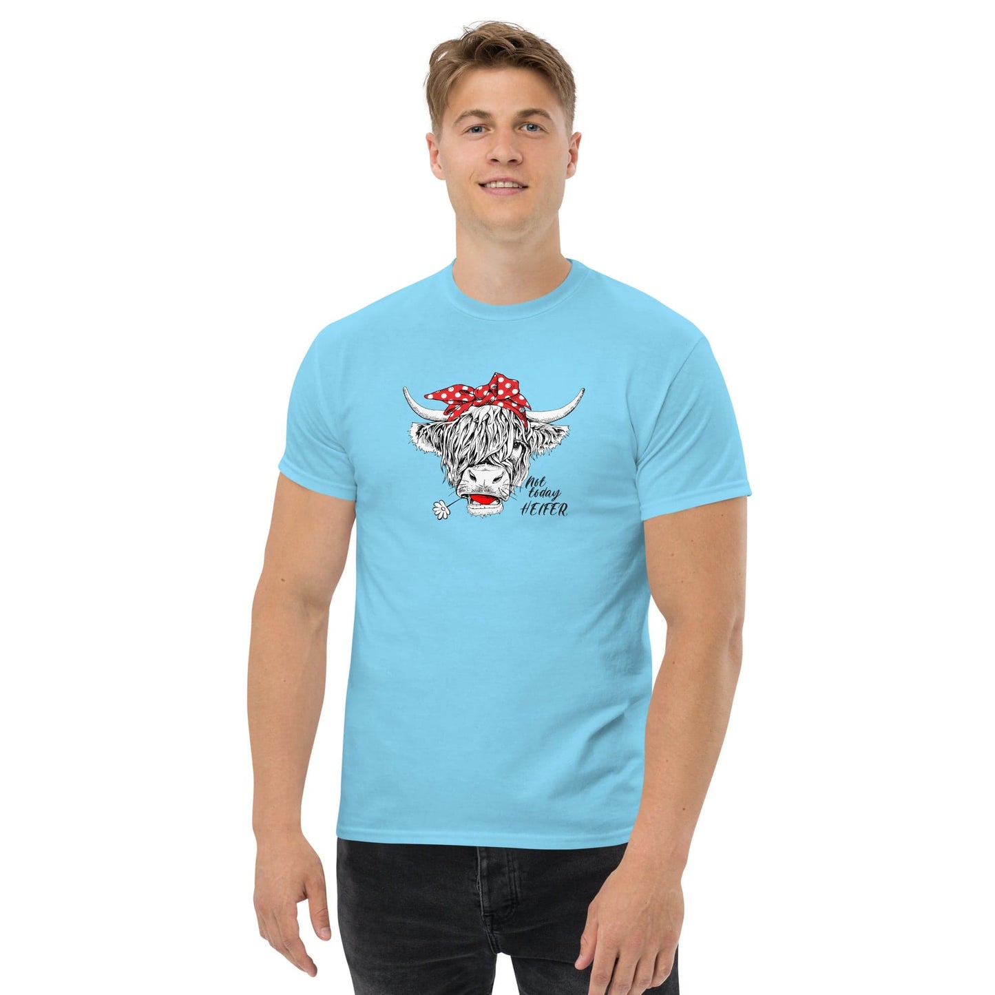 Light blue t-shirt with cow graphic.