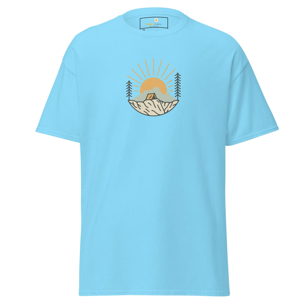 Light blue t-shirt with camping graphic.
