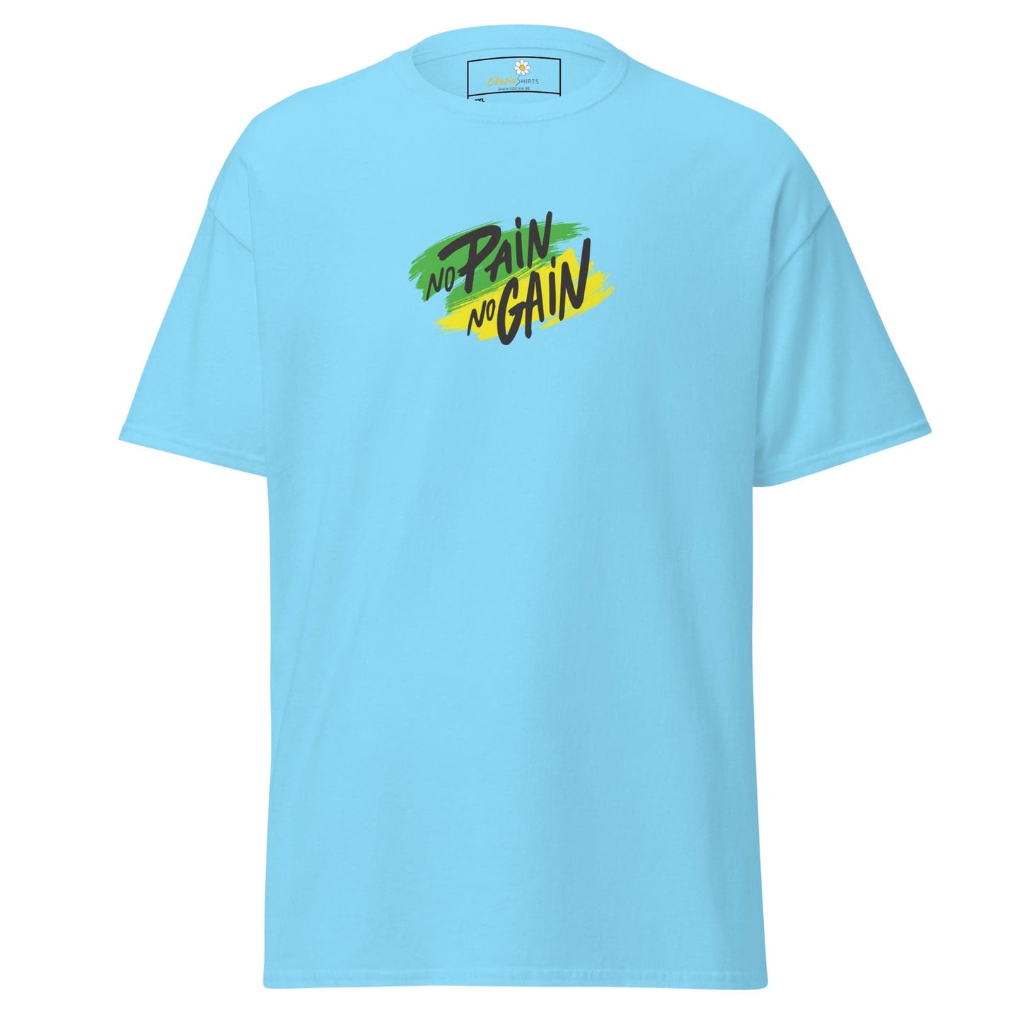 Light blue T-shirt with No Pain No Gain graphic for Men and Women in sizes 2XL to 5XL