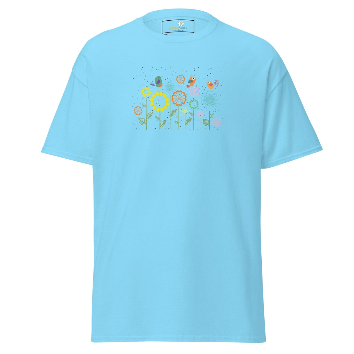 Light blue t-shirt with floral design.