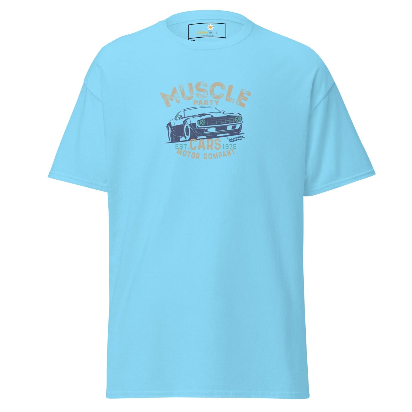 Light blue t-shirt with car graphic.