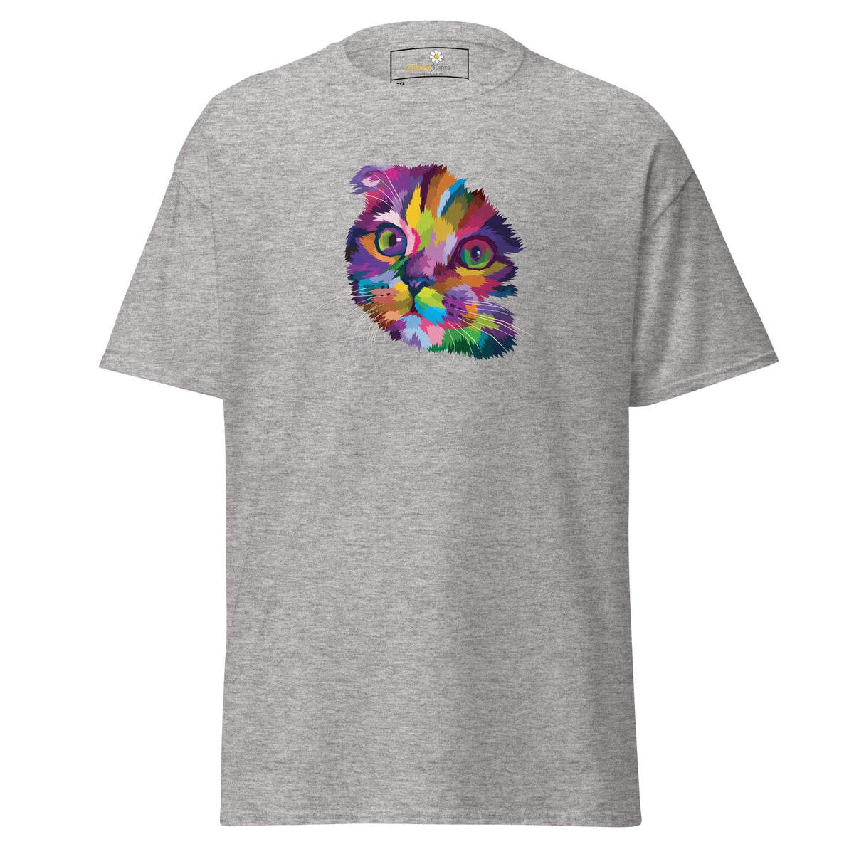 Gray T-shirt with colorful cat graphic for men and women in sizes 2XL to 5XL