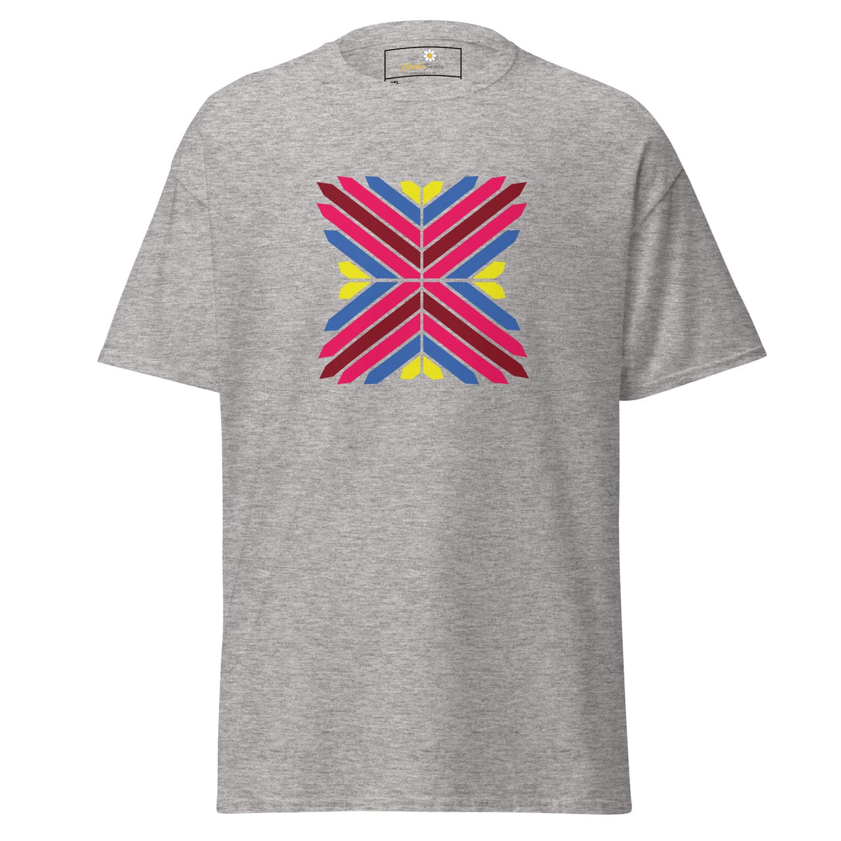 Gray T-shirt with vibrant geometric design for Men and Women available in plus sizes