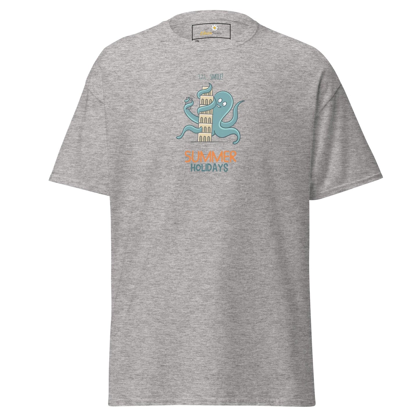 Gray t-shirt.