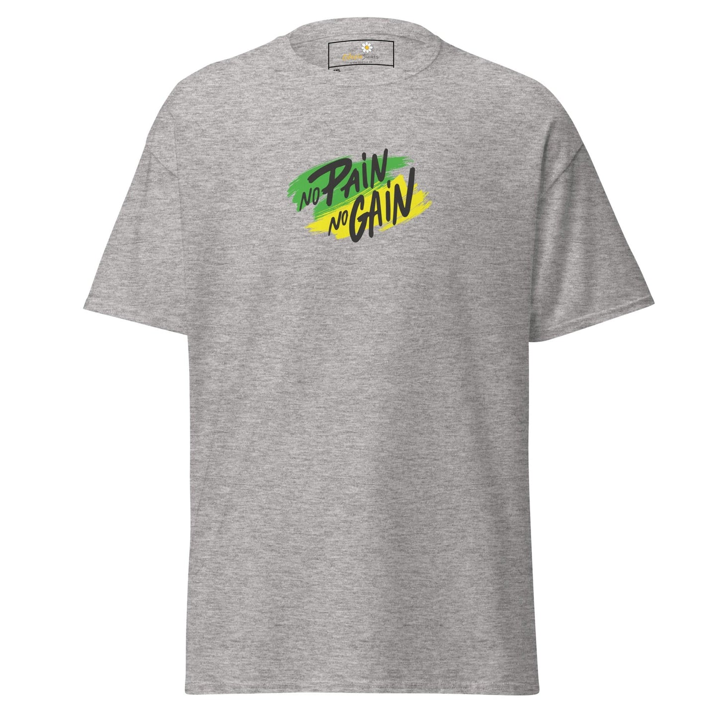 Gray T-shirt with No Pain No Gain graphic suitable for Men and Women sizes 2XL to 5XL