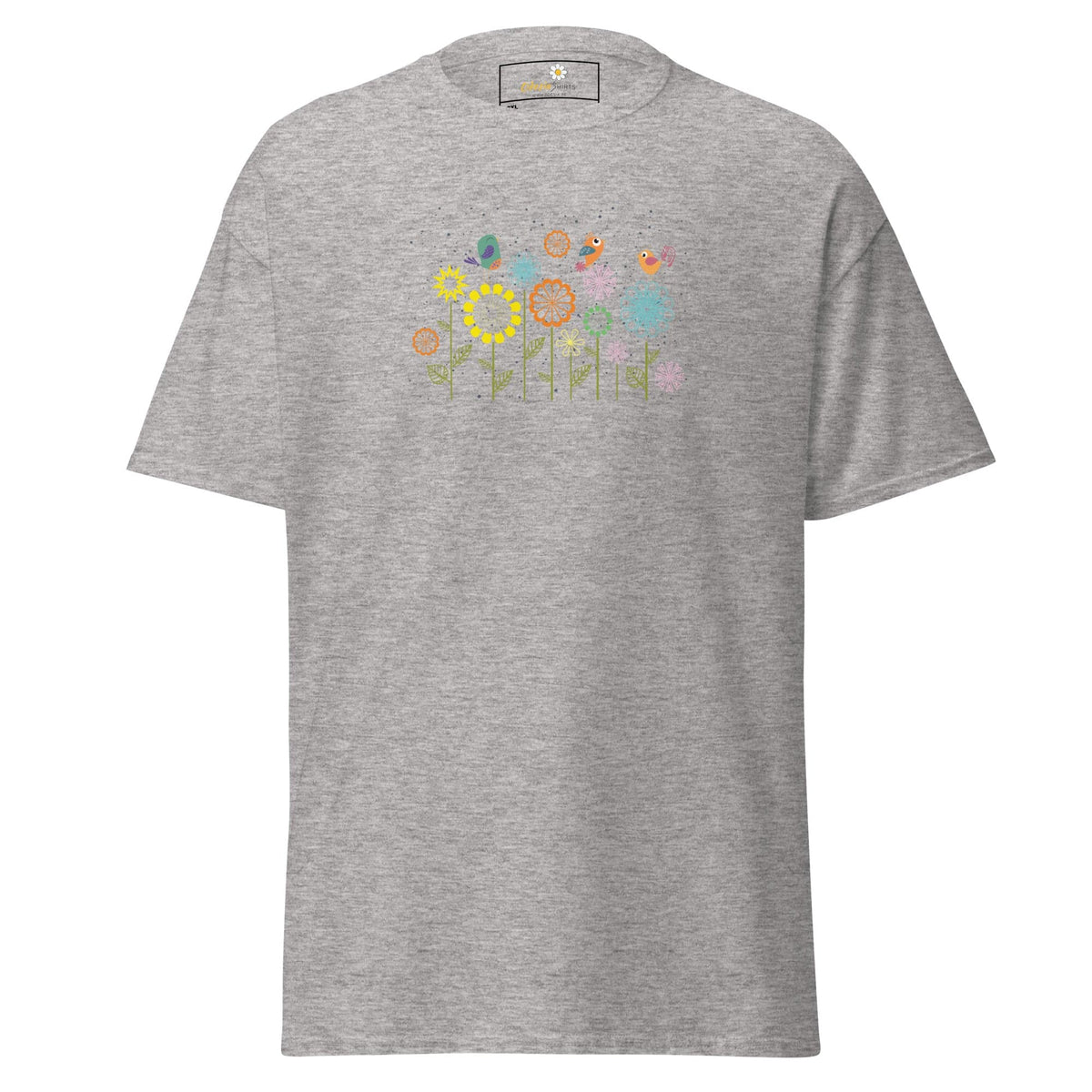Gray t-shirt with floral design.
