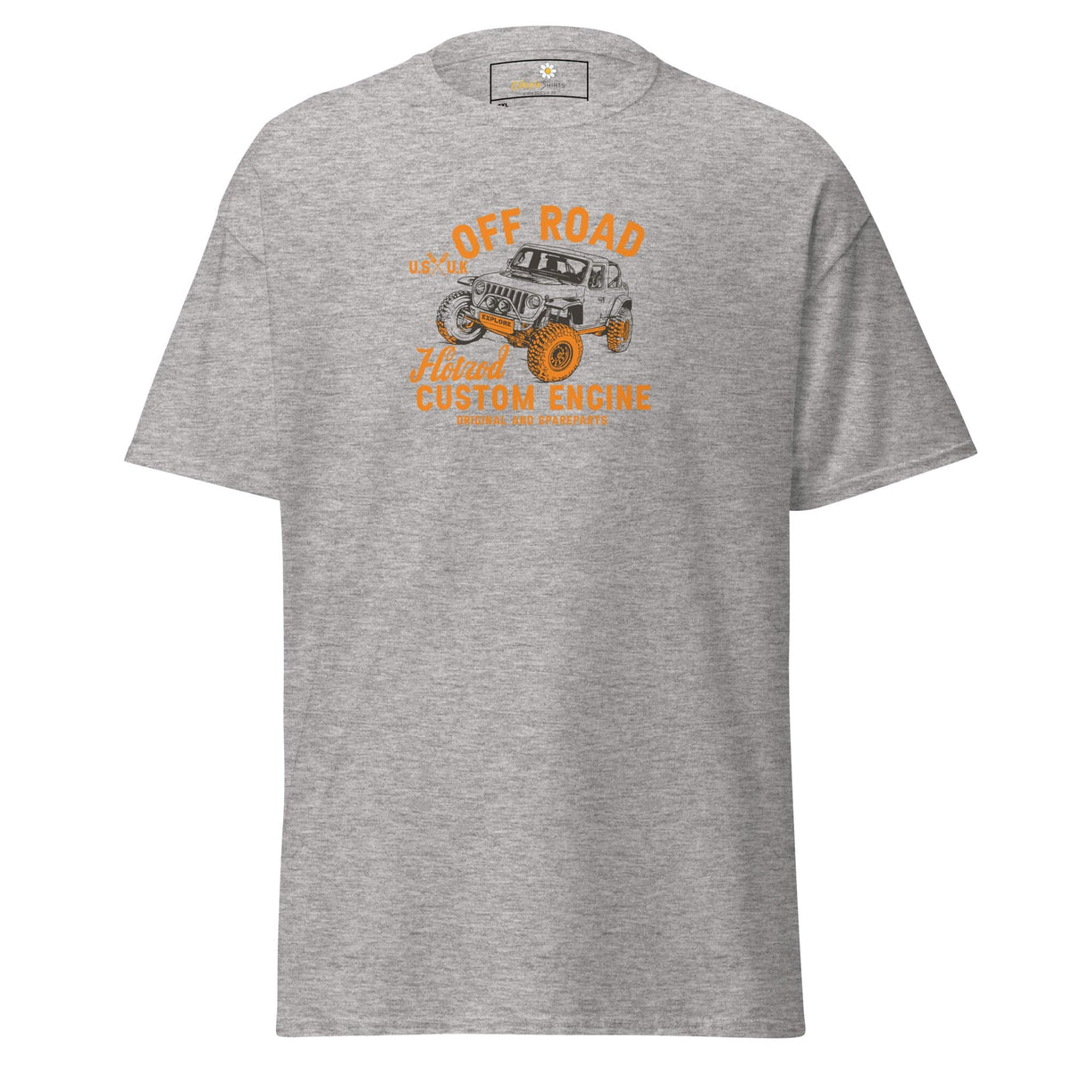 Gray t-shirt with off-road vehicle graphic.