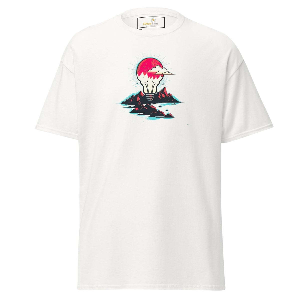 White T-shirt with lightbulb graphic, ideal for men and women in sizes 2XL to 5XL